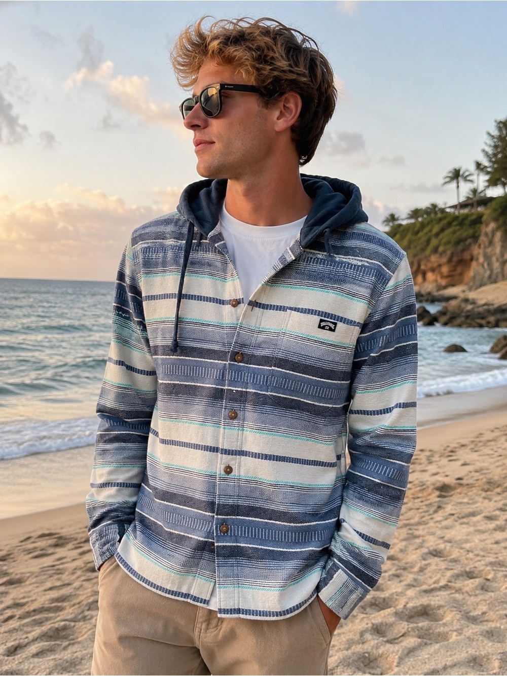 Billabong Men’s M Hooded Button Up Shirt Blue Striped Surf Skate